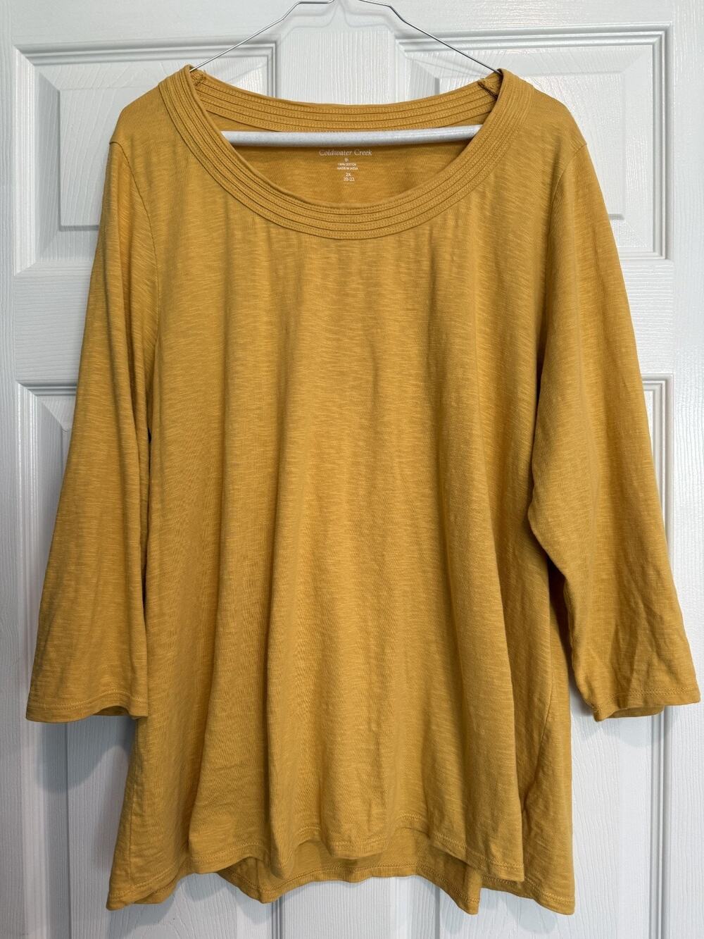 Coldwater Creek Mustard Yellow Tee 2X Classic Grandma core Textured neck detail